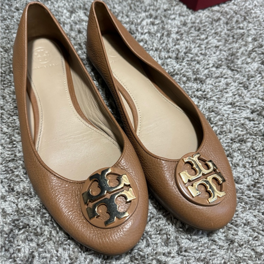 Tory Burch Brown Flats with Gold Logo